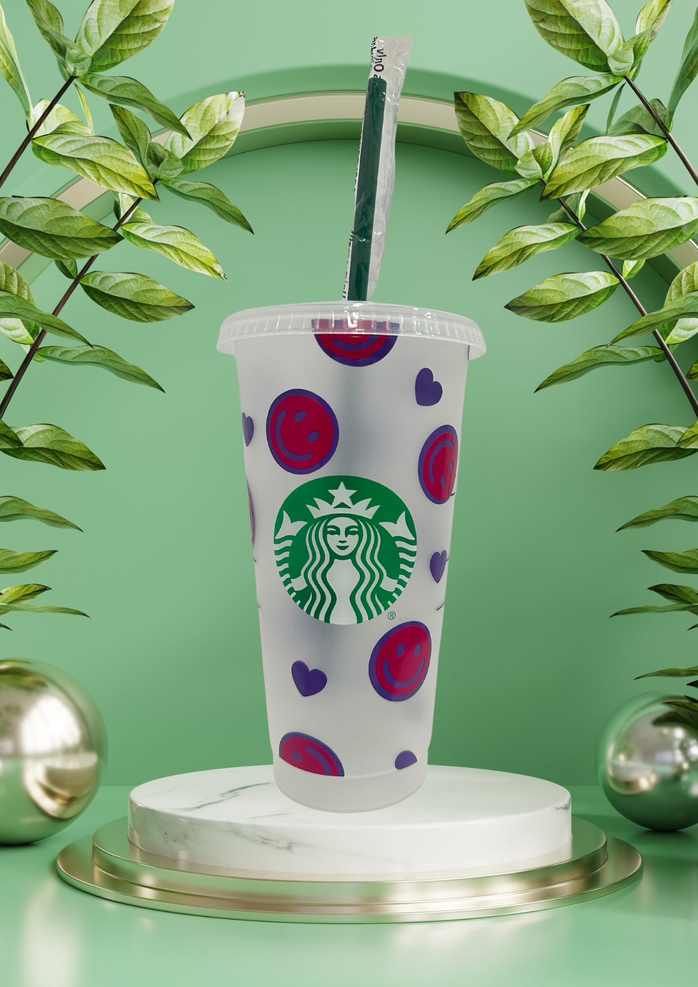 Happy Face Coffee Starbucks Cup Mint Green Blue Confetti Color